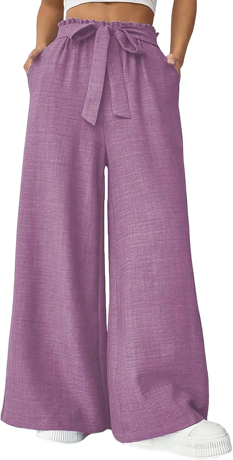 Womens Casual Pants Wide Leg High Waisted Adjustable Drawstring Trousers with Pockets Lightweight Palazzo Pants