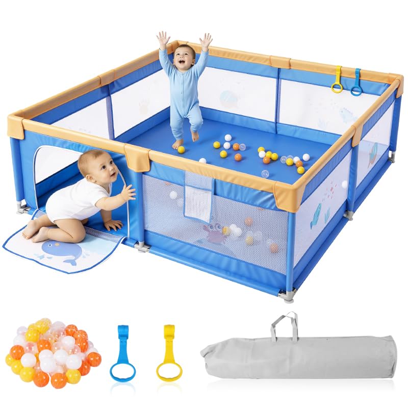 Baby Playpen for Toddlers: 6.56x6.56 ft Kid-Safe Enclosed Play Yard | Non-Slip Base, Breathable Mesh - Easy-Portable for Indoor & Outdoor Baby Play Spaces - Blue