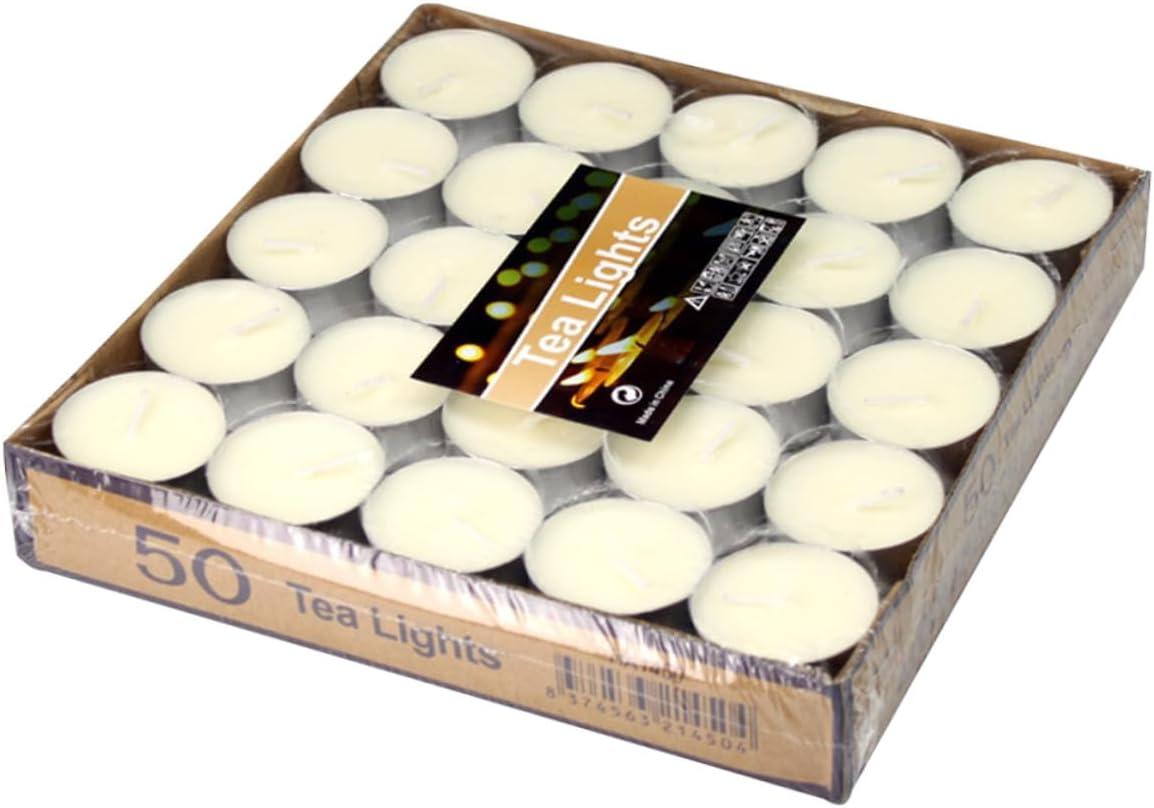GANAZONO 50pcs White Paraffin Tea Light Candles Smokeless Unscented Romantic Proposal Wedding Party Decor
