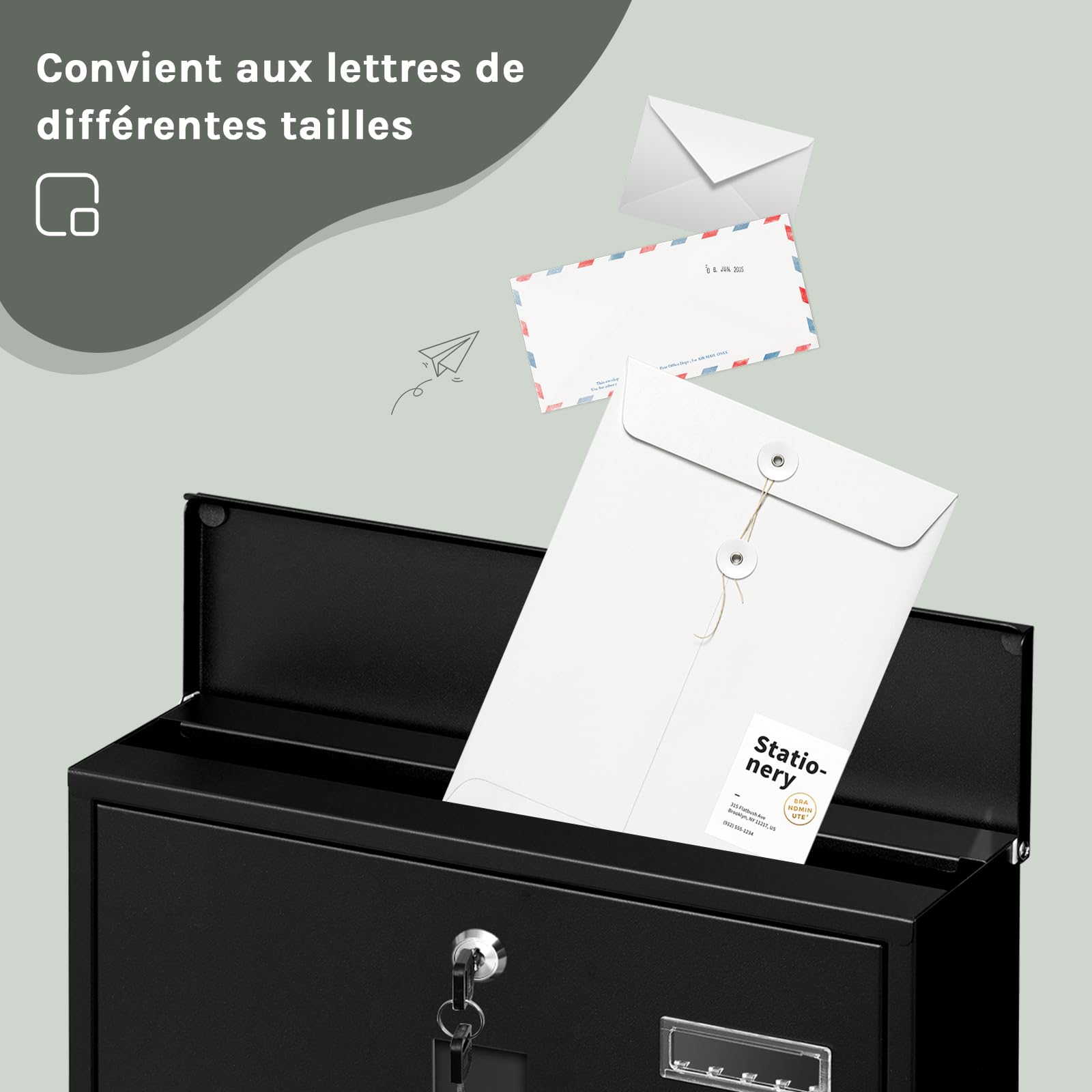 WOLTU Boîte aux Lettres, Boîte Postale avec Serrure, Postbox Extérieur avec 3 Fenêtres Transparentes, Plaque Nominative et Zones Divisées, Noir, 37x37x10,5 cm