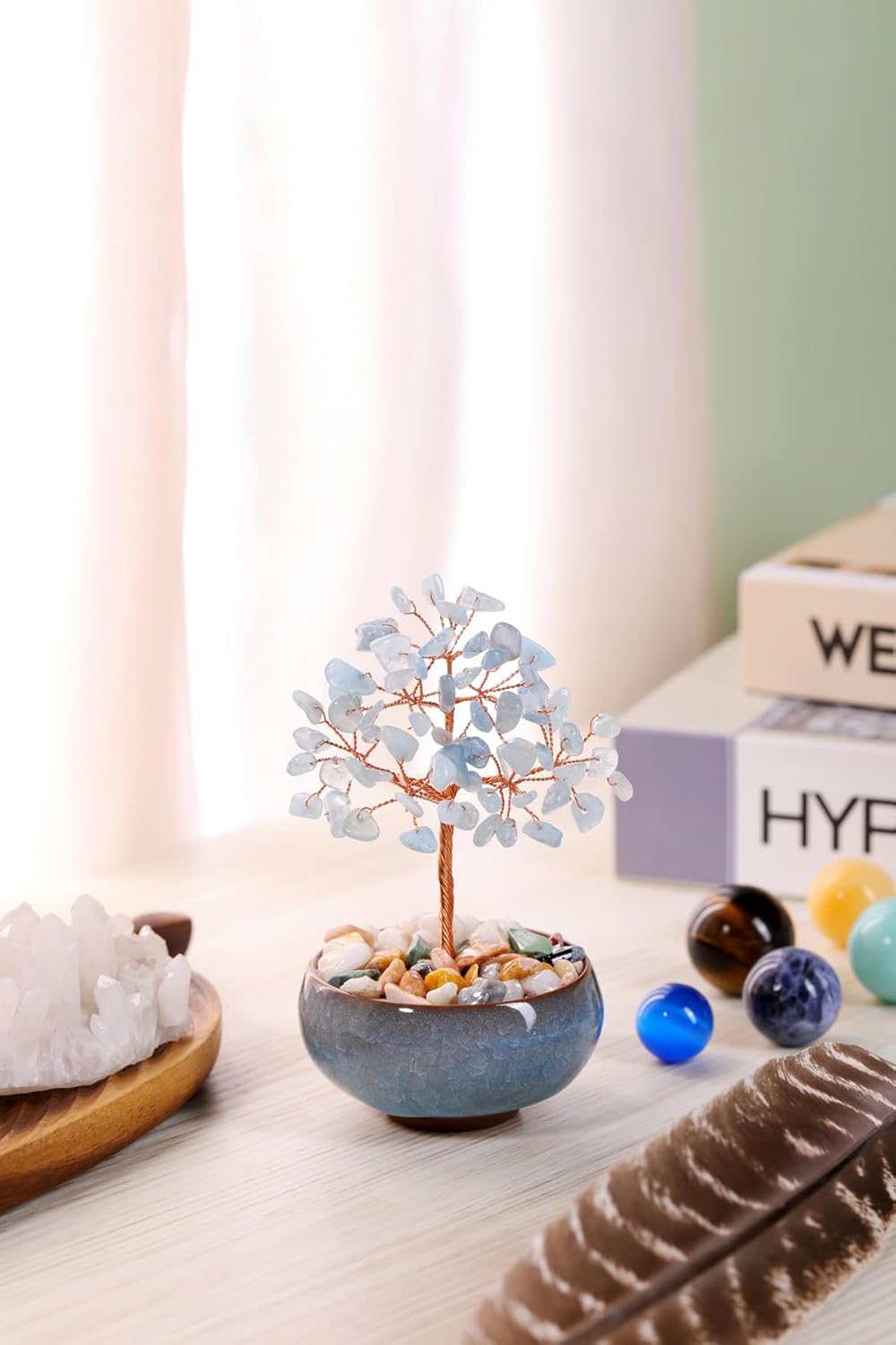 PESOENTH Crystal Tree Aquamarine Tree Crystal Spiritual Gifts for Women,Blue Gemstone Tree of Life,Feng Shui Healing Crystals Stones Gifts Home Office Decor Desk Decoration - Image 2