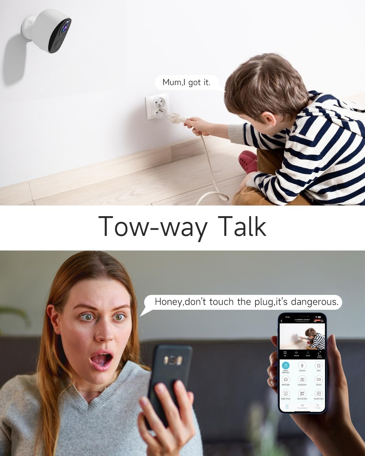 A woman using the O-KAM Pro app to speak through the camera to a child plugging in an electrical cord, demonstrating two-way talk.
