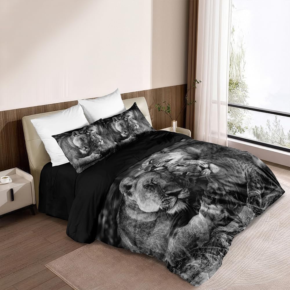Holiyjog Lions Desgin Duvet Cover Set King Size Animal Print Bedding Sets Boys Bed Sets for Unique Decor