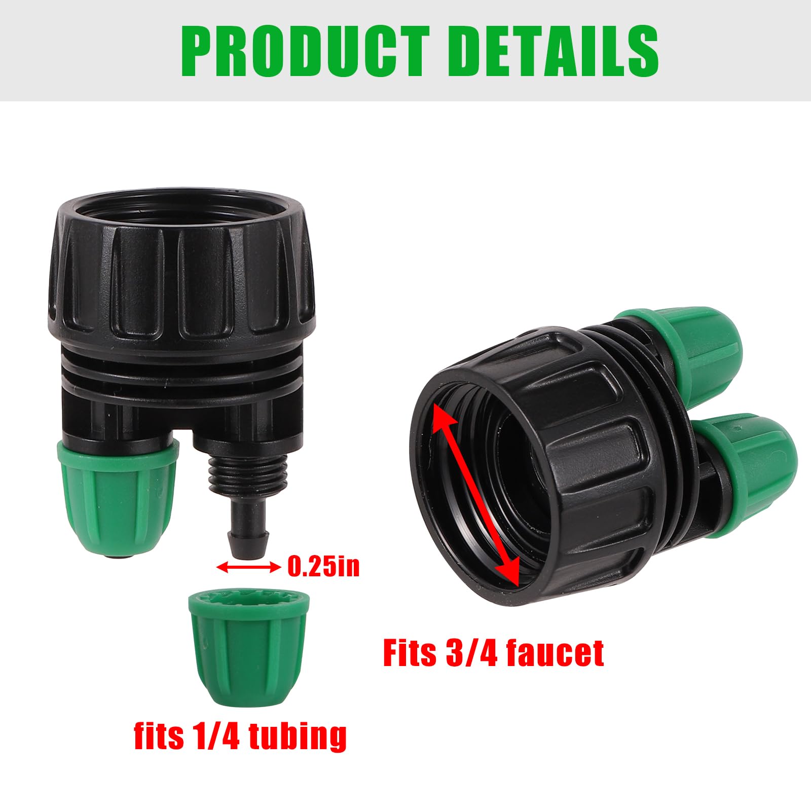 Adaptador de manguera de jardín de 3/4 a 1/4 pulgadas, conectores de tubo de riego por goteo de 2 vías, diseño de púas, rosca GHT estándar de 3/4 de EE. UU., paquete de 5 (conector de tubo de 2 vías a