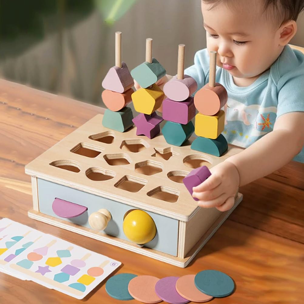 Juguete apilador Montessori Multifuncional de Madera para clasificar Formas | Tablero Clavijas Correspondencia Geométrica con Cajón y Cuentas Enhebrar, Juguete Educativo Reconocimiento