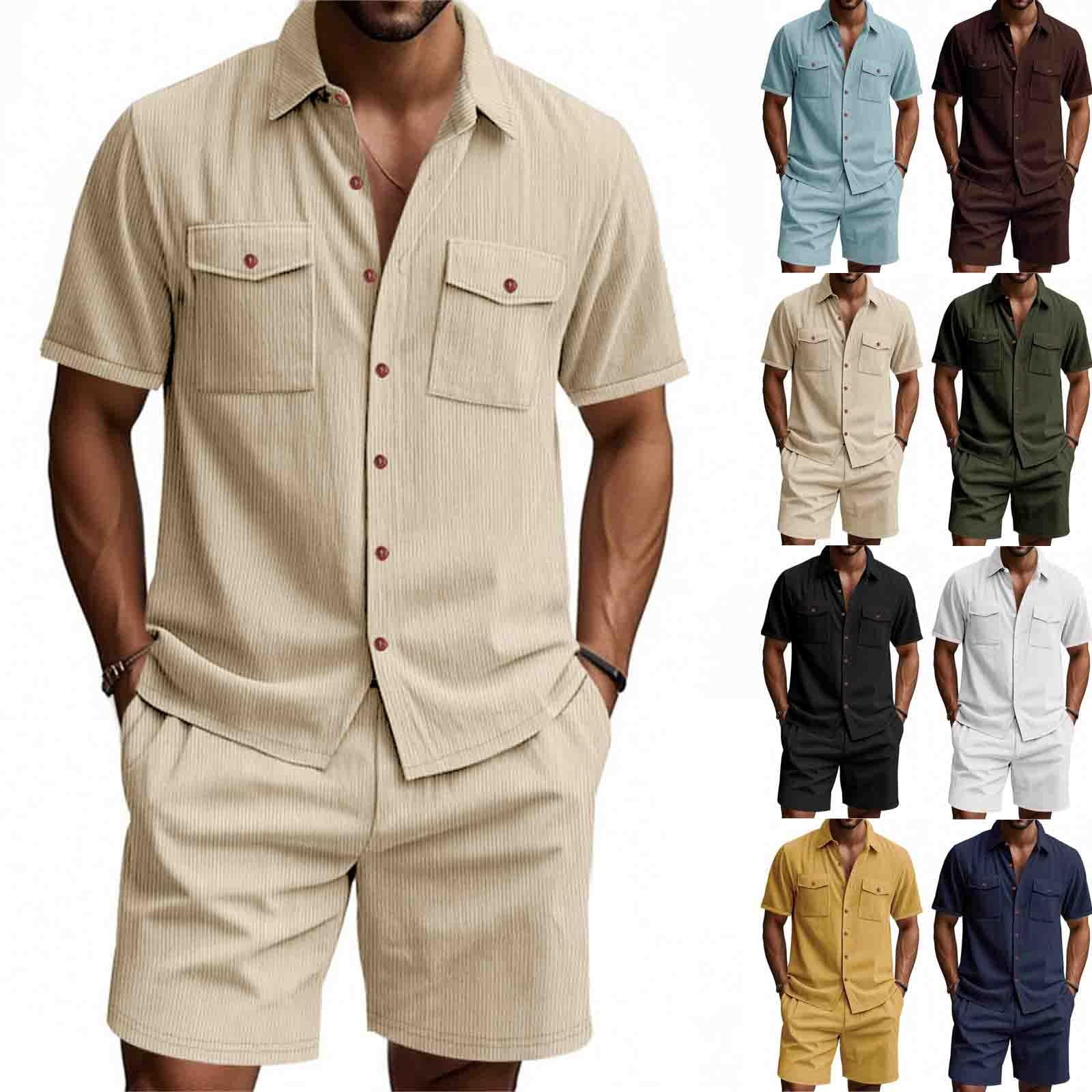 Herren Sommer Outfit Set Hemd Und Shorts Set 2 Teiliges Hemden mit 2 Taschen Kurze Hosen Elastischer Taille Leichte Sommeranzug Freizeitanzug Loose Fit Urlaub Strandanzug