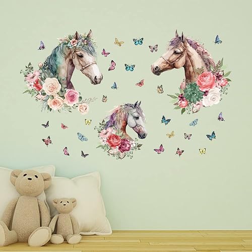 Miniatura 3 de SUPERDANT Calcomanías de pared de caballos, calcomanías de animales de granja, calcomanías de acuarela, mariposa, flores, decoración de vinilo para