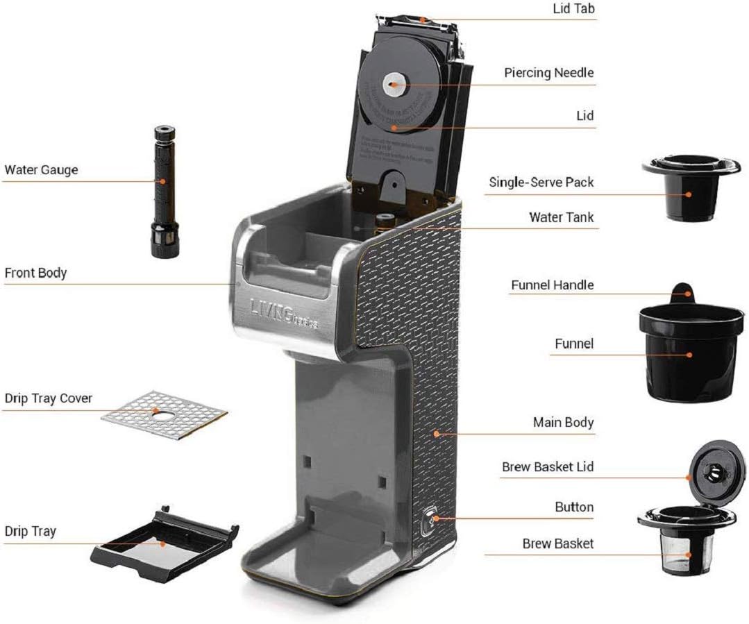 LIVINGbasics 2 in 1 Single Serve Coffee Maker Coffee Brewer, Compatible with K-Cup Pods or Ground Coffee, Slim Design, Portable and Easy to Use (Grey)