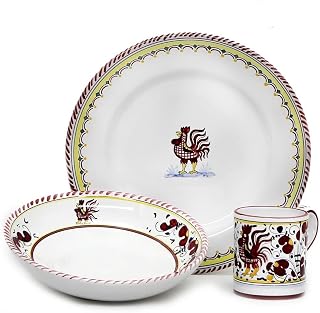 ORVIETO RED ROOSTER: 3 Pieces Place Setting [PPK.001/S-ORR+034-ORR+RR0009] ~ Authentic hand painted in Deruta, Italy. Original design. Shipped from the USA with Certificate of Authenticity.