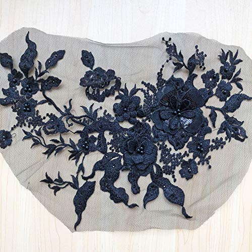 Blossom 3D Flower Applique, Beaded Sequins Flower Lace Patch Bridal Wedding Dress Embossed Beading Embroidery Lace Appliques Motif Sewing Craft (Black) #TOP6