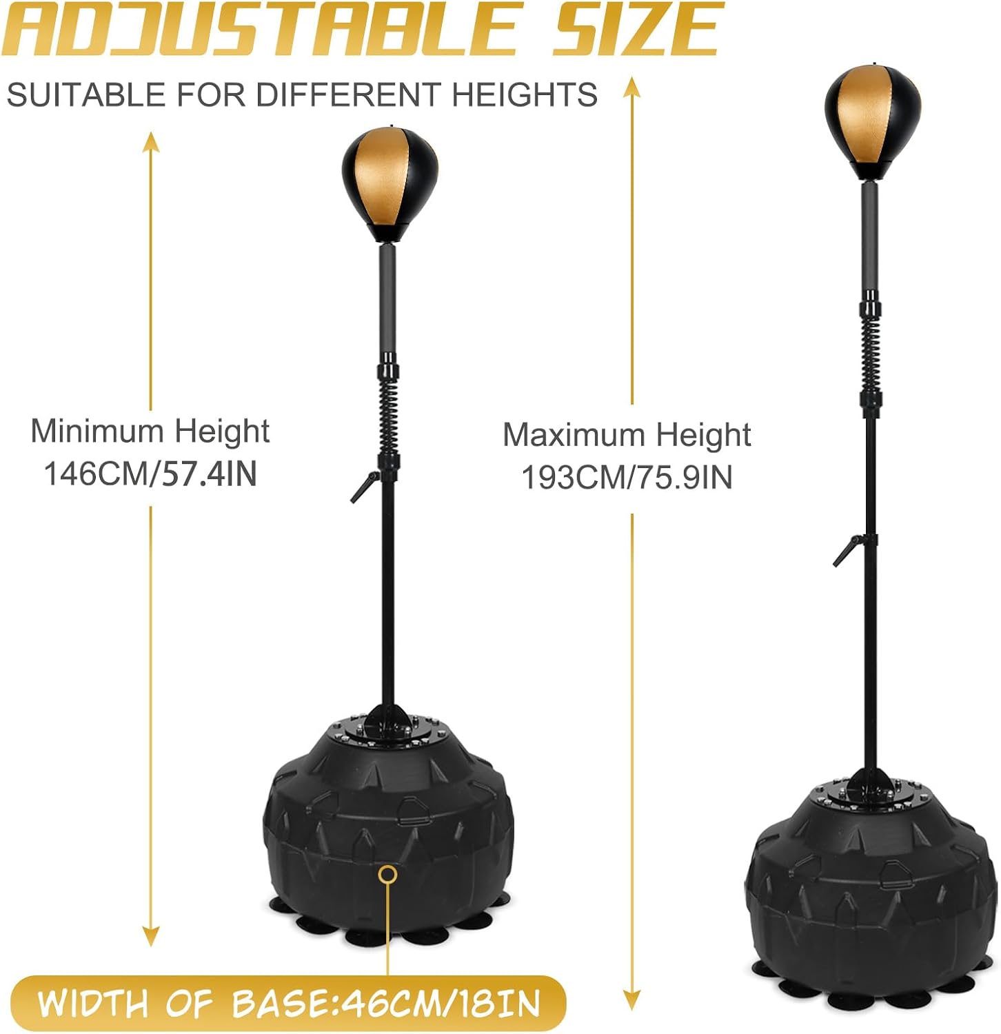 Standing Reflex Speed Bag with Thick Base, Adjustable Height & Reinforced Spring (Golden Black)