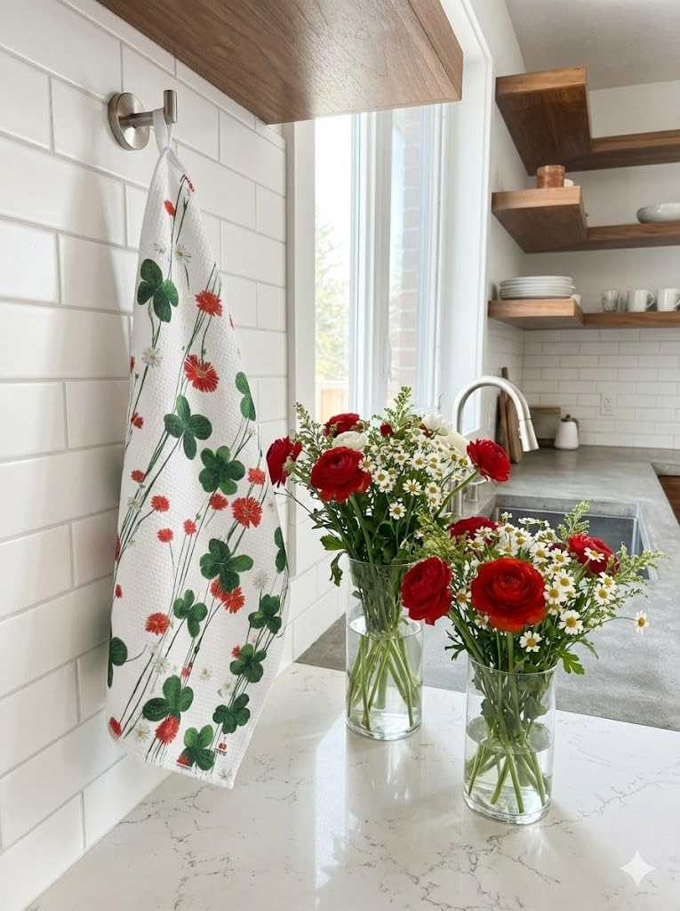 Cerise Green Floral Kitchen Towels - Set of 3 16x24 inches Quick Dry Microfiber Spring Dish Towels for Kitchen Drying - Premium Quick Dry Towel - Bloomy Clover
