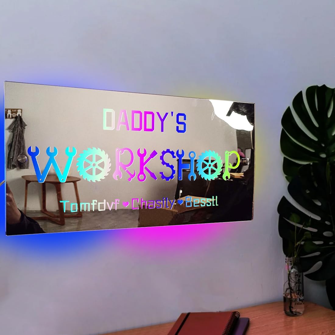 Personalized Daddy's Workshop Wall Mirror Light with Child's Names Game Room Man Cave Garage Decor Mirror Custom Father's Day LED Mirror Wall Art Mirror for Dad Grandpa Husband Son Family