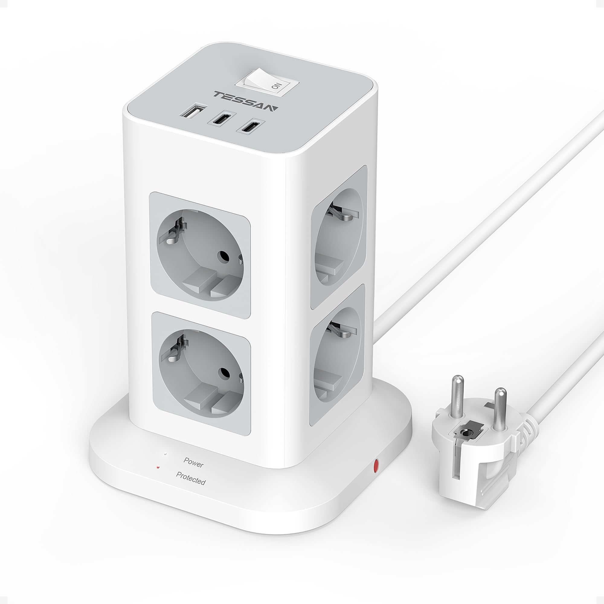 TESSAN Ciabatta Multipresa con USB C e 8 Prese, Presa Multipla Protezione Sovratensione 1700J, Torretta Multipresa 3600W con Interruttore, Ciabatta Elettrica 2 Metri
