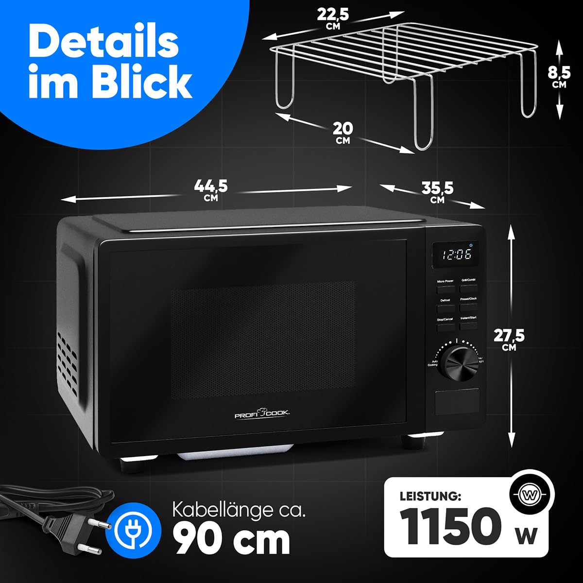 ProfiCook Mikrowelle mit Grill 20L | Mikrowelle ohne Drehteller für gleichmäßige Wärmeverteilung | Mikrowelle schwarz mit Timer und Auftaufunktion | inkl. Grillrost: 23 x 20cm,1150W | PC MWG 1278