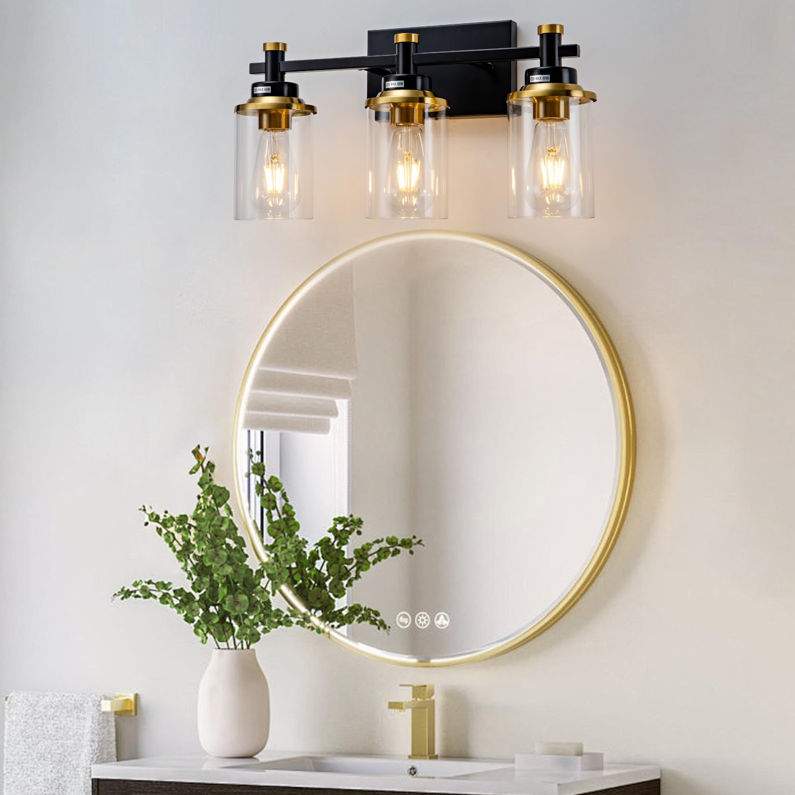 3 Light Bathroom Light Fixtures Black and Brushed Gold Vanity Light Fixture Over Mirror Modern Wall Sconces Lighting — view 2