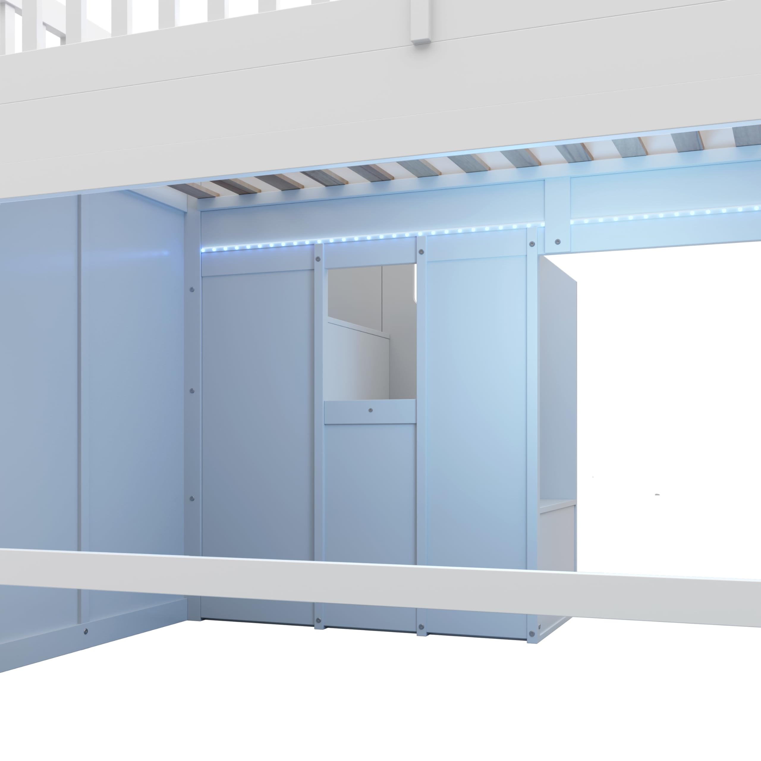 Merax Kinder Hochbett 90x200 cm, Etagenbett mit Rutsche, LED-Lichtleiste, Rausfallschutz und Stauraumtreppe, Massivholz & MDF, Weiß (ohne Matratze)