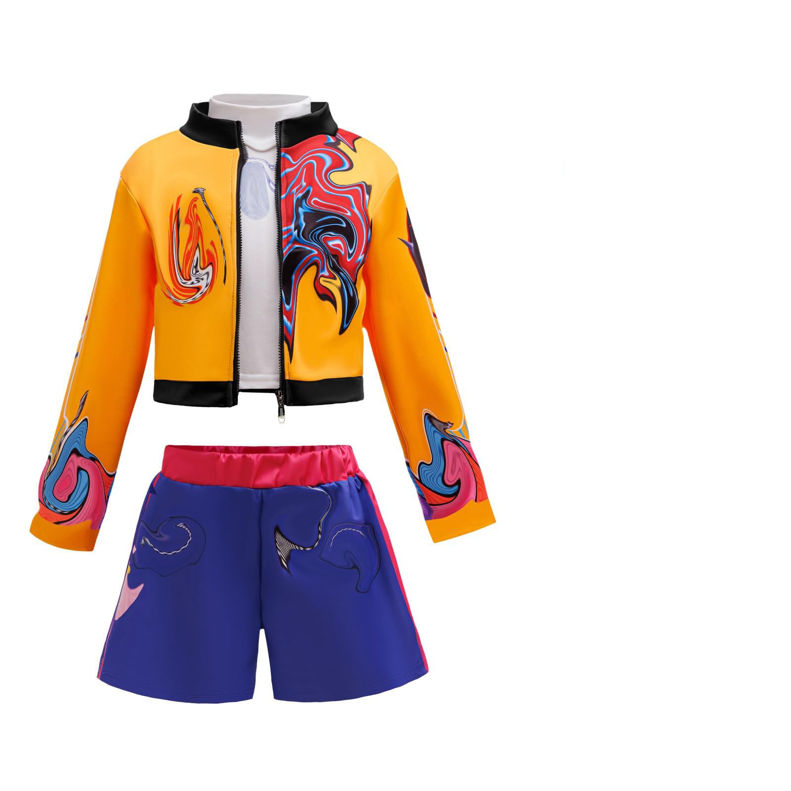 K-p0p D-Dem0n H-Hunters Costume Kids Girls Ani-me H-Hunters Outfits,Pop Singers Coat Top Shorts Dance Stage Role Play Outfit, Shorts & T-Shirt Christmas Carnival Dress Up Party Cosplay (Orange, 150)