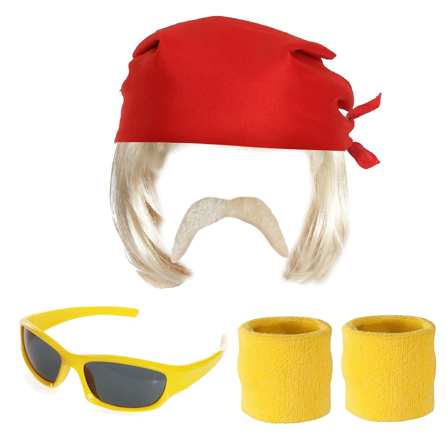 Adults 1980s Wrestler Accessory Set - Red Bandana, Blonde Wig, Blonde Tash, Yellow Wristbands and Yellow Sunglasses - Adults Celebrity Fancy Dress Accessory Set