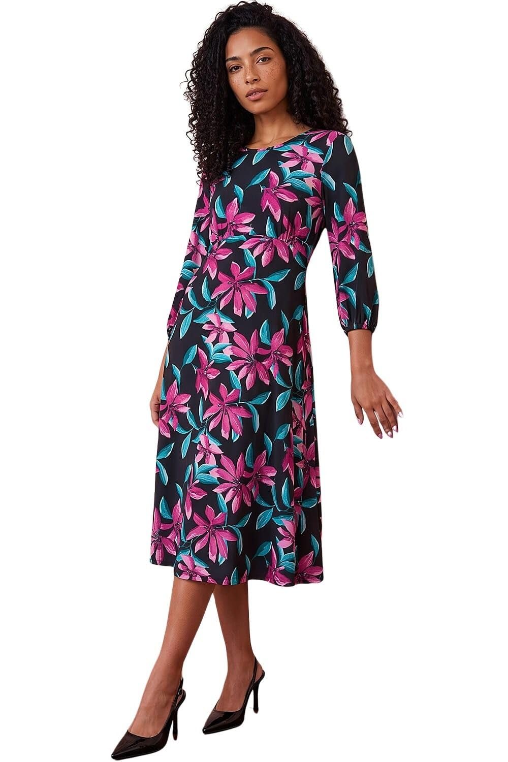 Roman Women Gathered Chest Dress Ladies Stretchy Fit & Flare Swing Tea A Line Skater Knee Length Long Sleeve Midi Smart Casual Work Going Out Cocktail Party