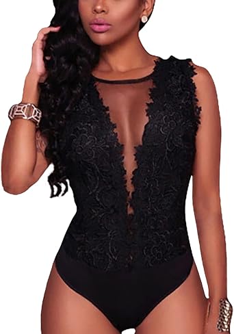 Sexy Lace Bodysuit Jumpsuit See Through Mesh Sleeveless Tops Party Club Going Out Date Night Outfit for Women Black