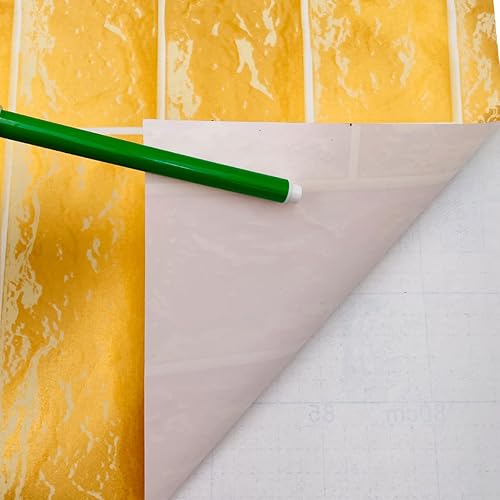 Miniatura 3 de LovingWay Rollo de papel tapiz dorado de 14.7 pies con patrón de ladrillos 3D, revestimiento de estante de 17.7 x 177 pulgadas extraíble para muebles