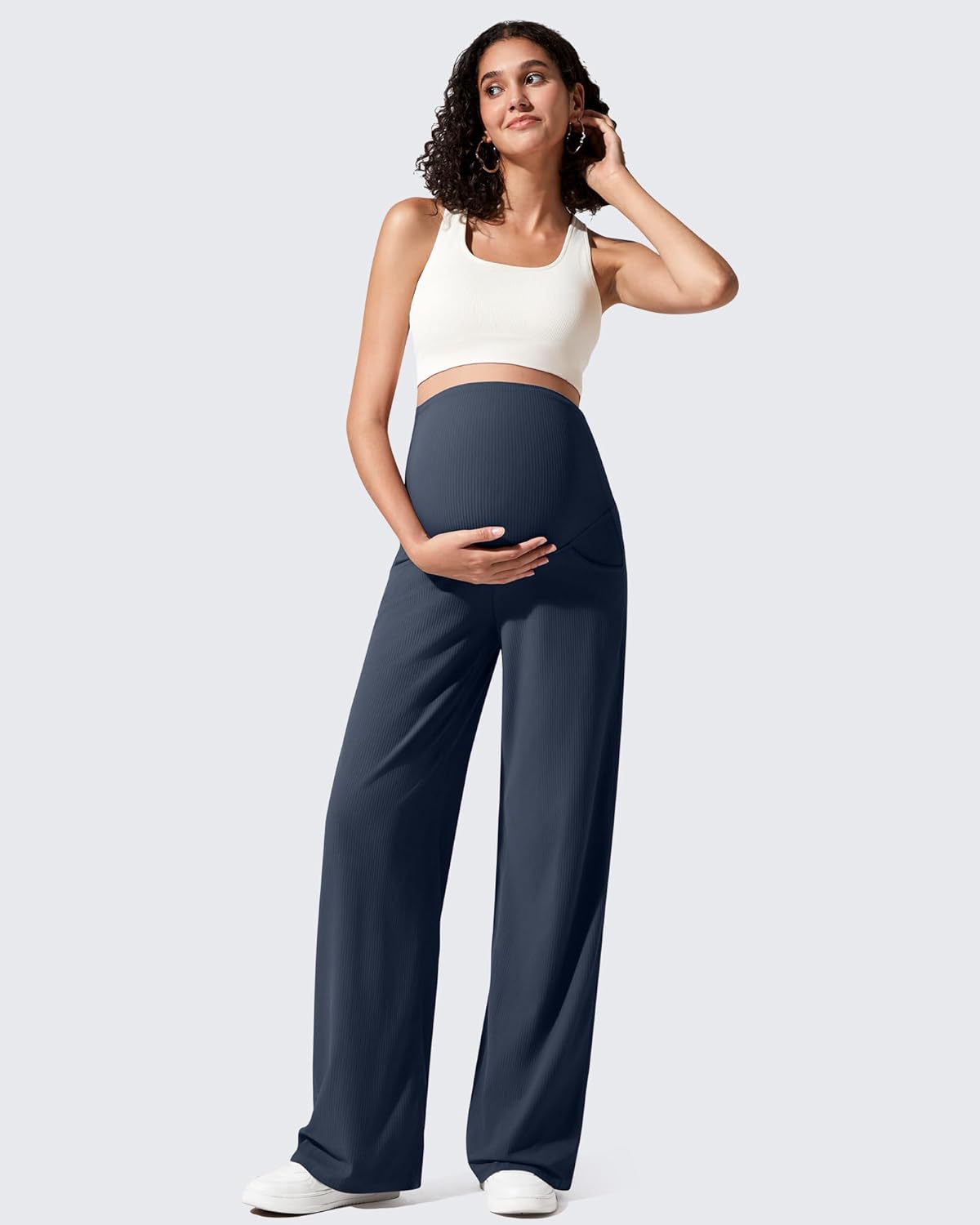 G4Free Comfy Stretch Wide Leg Maternity Sweatpants with Pockets Casual Trousers Over Bump Pregnancy(Dark Navy,L,Tall) - Image 6