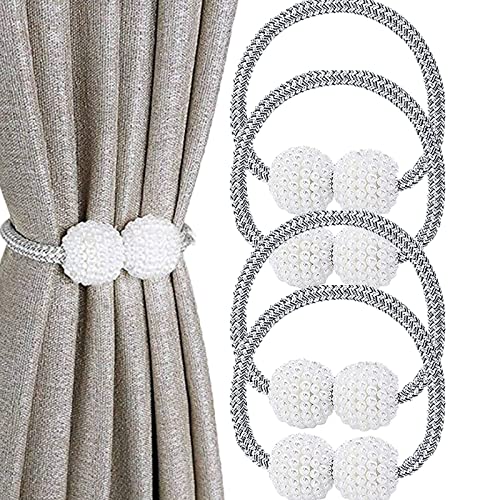UV STYLISH Lot de 4 embrasses de Rideau magnétiques avec Perles pour fenêtre - avec aimants - pour décoration de Maison, Bureau, hôtel, fenêtre - Gris Cover
