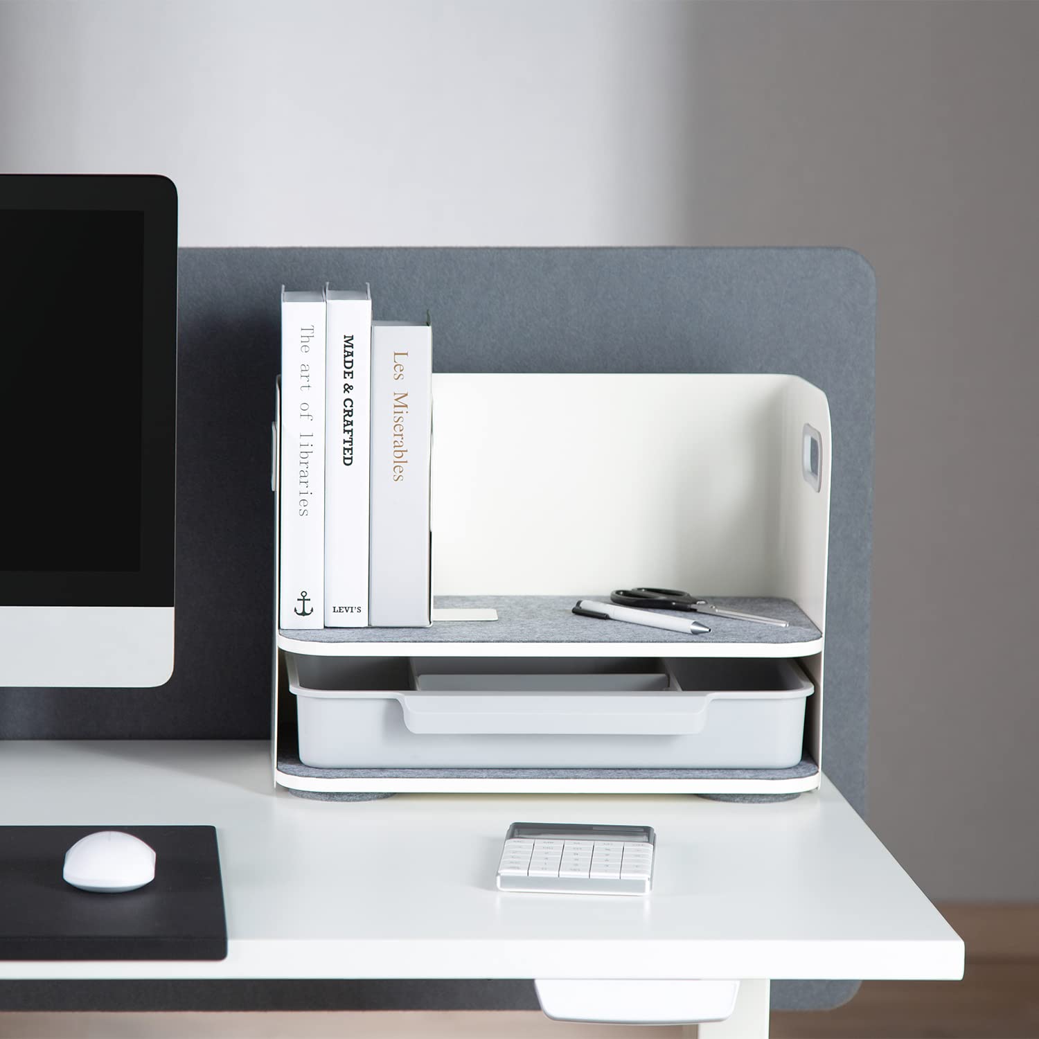 ER-440 Schreibtisch-Organizer mit Schublade und Buchstütze Organizer für Büroutensilien Büro-Organizer Büroablage bis 10kg Weiß