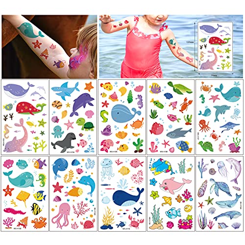 Topfunny Temporary Tattoos For Kids, 160Pcs Cartoon Ocean Animals Fish Tattoos (10 Sheets) Waterproof Cute Fake Tattoo Body Stickers Children Birthday Party Decoration Supplies Gifts Favors Girls Boys #TOP2