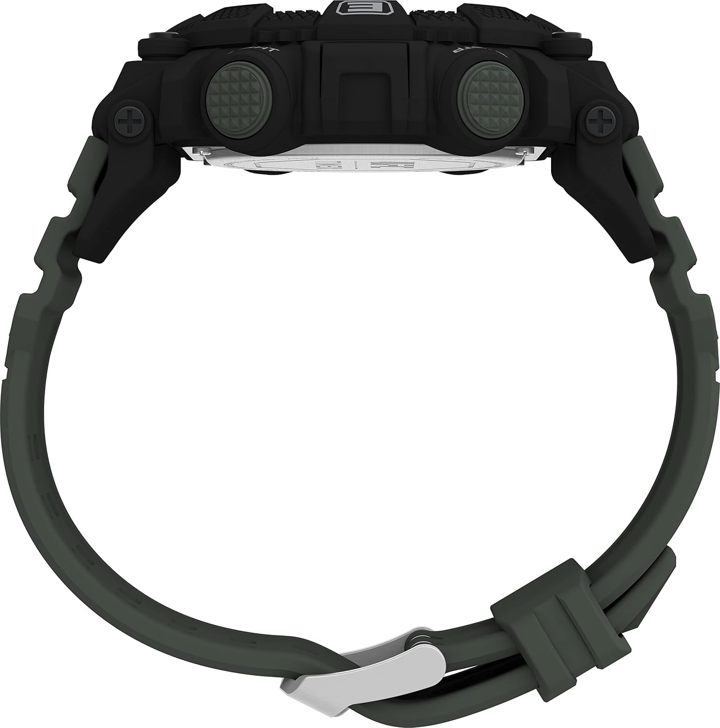 옆 view of Timex TW5M53900 watch showing buttons on the side.