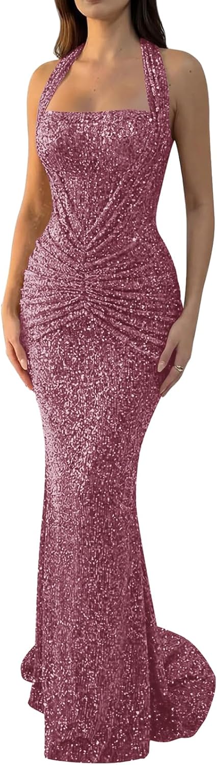Halter Sequin Prom Dress Mermaid Long Formal Cocktail Party Evening Gown