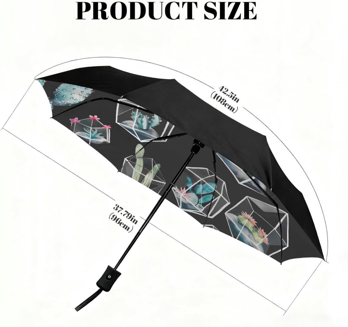 Watercolor Terrariums Cactus Folding Umbrella Windproof Compact Lightweight Travel Umbrella with 8 Reinforced Ribs, Portable UV Sun & Rain Protection for Men & Women
