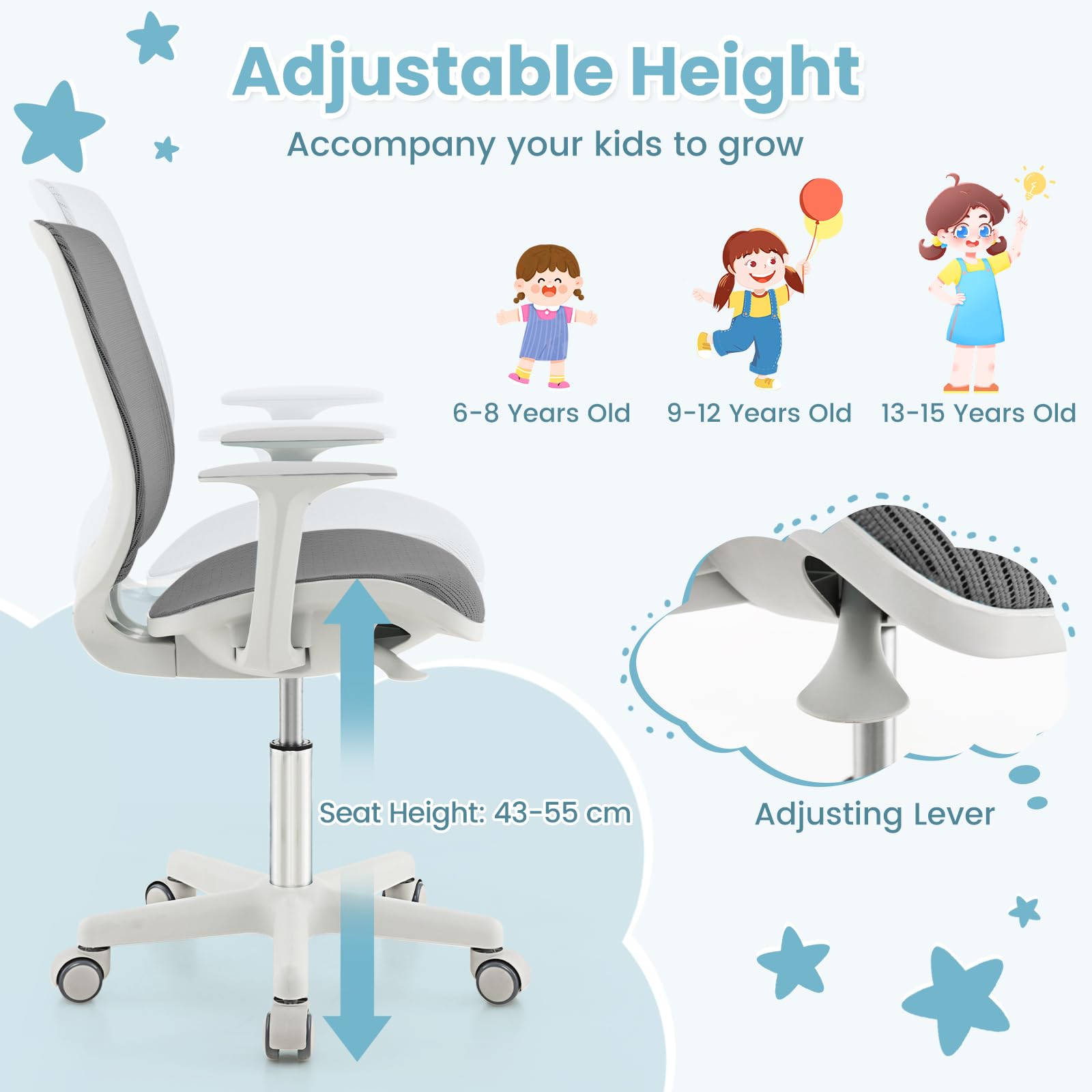 FANTASK Ergonomischer Schreibtischstuhl Kinder, Höhenverstellbar 43-55cm, 360° Drehstuhl mit Rückenlehne & Armlehnen, Bürostuhl mit 5 arretierbaren Rollen, für Kinder ab 6 Jahren (Grau)
