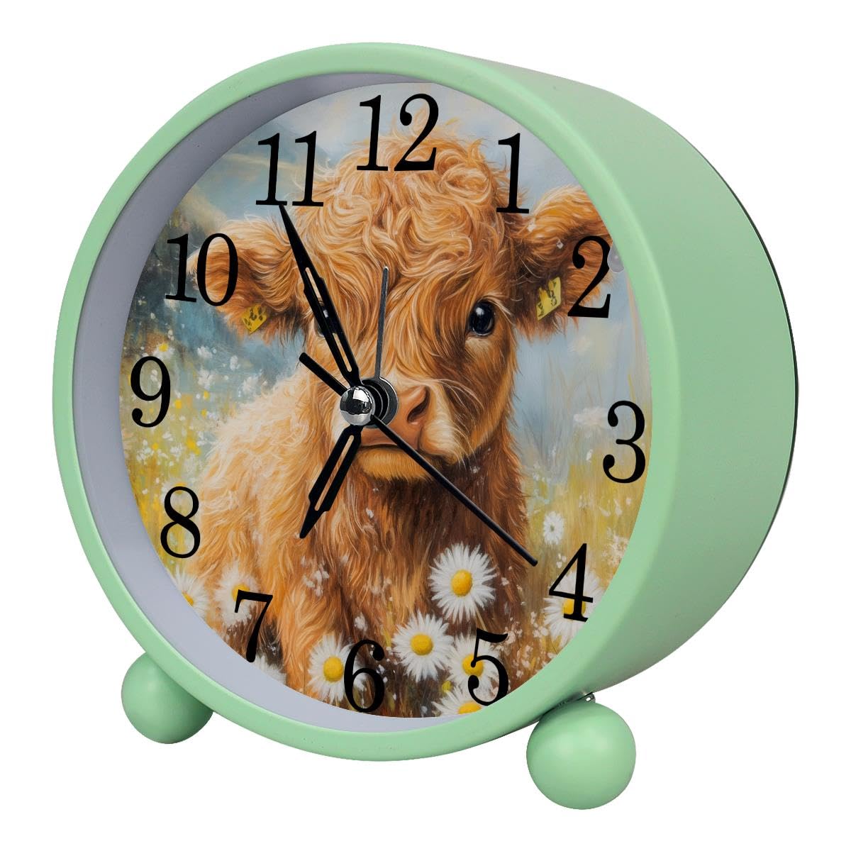Luoweisi Alarm Clock Daisies Highland Cow, Silent Non-Ticking with Night Light, Round Metal Alarm Clock for Office, Battery Operated, Bedroom, Elderly, Adults, Children, Student Gifts