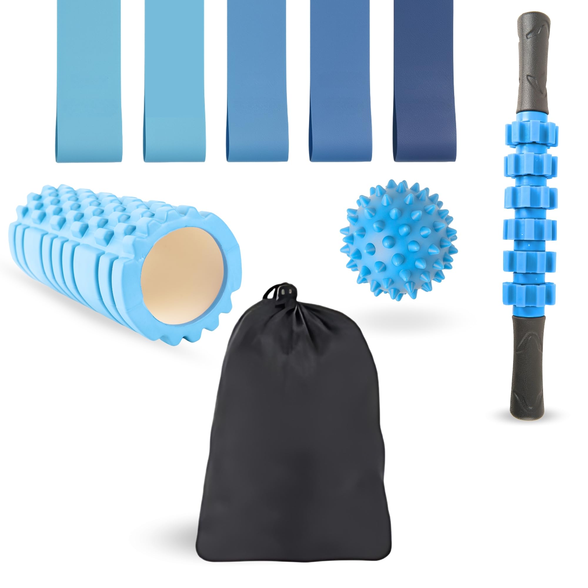 Rouleau de massage musculaire – Foam Roller pour Dos, Jambes, Fasciite Plantaire – Kit avec Balle, Bandes de Résistance – Pilates, Yoga, Fitness – Sac de Transport Inclus (Bleu)
