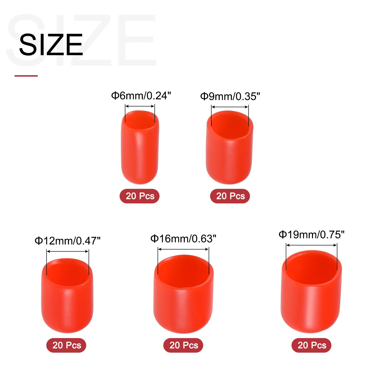 QUARKZMAN 100Pcs Tapones de Goma Redondos 6mm 9mm 12mm 16mm 19mm Cubierta de Vinilo Rojo Protectores de Rosca de Tornillo Kit de Surtido