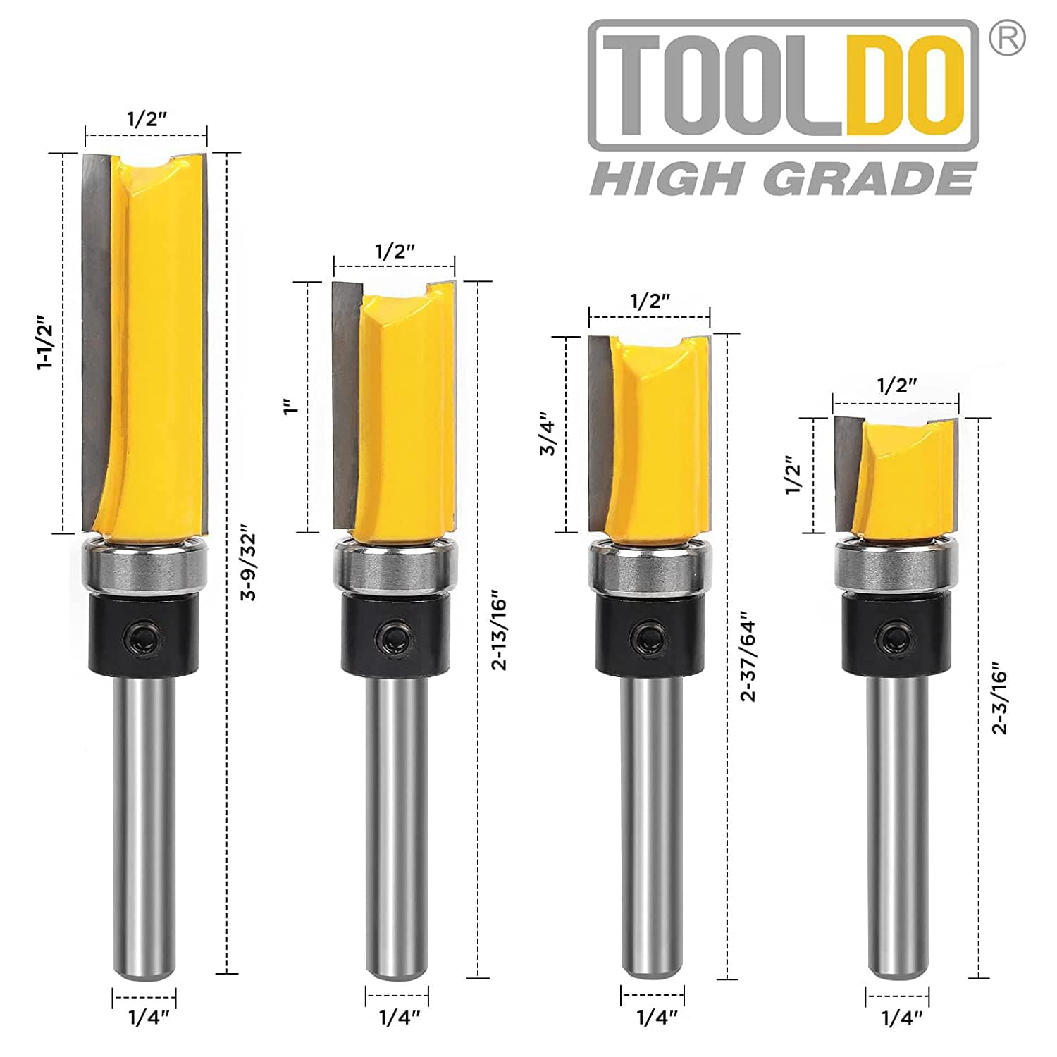 YONICO Pattern Bit Flush Trim Router Bits 1-1/4-Inch Cutting Height X 1/2-Inch 1/4-Inch Shank 14139q