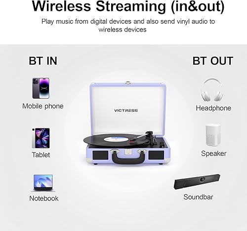 Miniatura 3 de Tocadiscos de maleta portátil Bluetooth con altavoces estéreo, tocadiscos de 3 velocidades, grabación USB a digital, conector RCAAUXpara