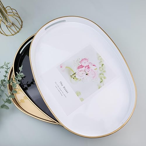 Miniatura 3 de Bandeja decorativa ovalada rosa con asas, bandeja versátil para mesa de café, otomana, ideal para servir, exhibir, organizar, 15.3 x 10.6 x 1.37