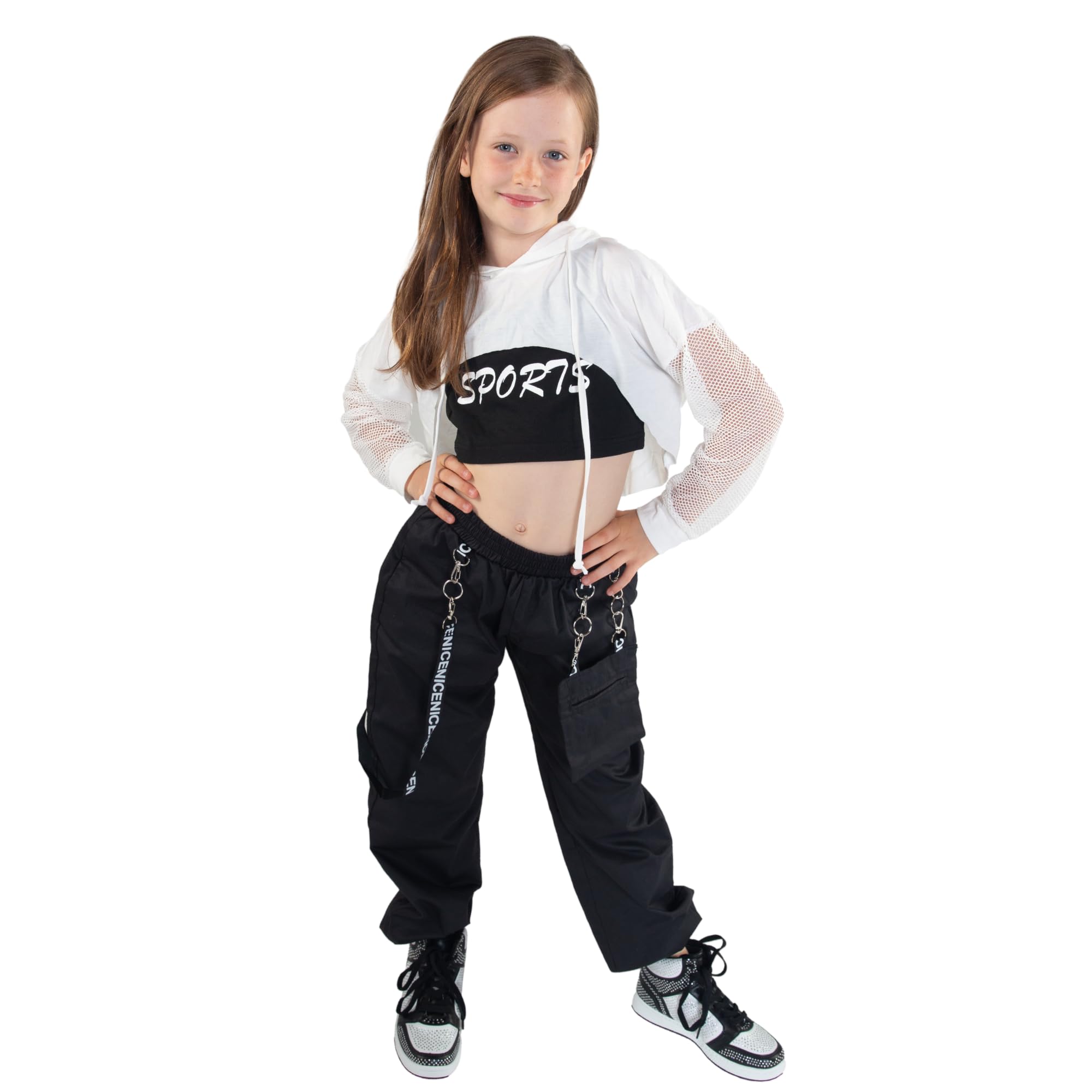 Barielle 10011 - Costume da 3 pezzi per bambini, stile hip hop, felpa con cappuccio e maniche a rete, pantaloni cargo con catena, colore bianco, 170-176 cm