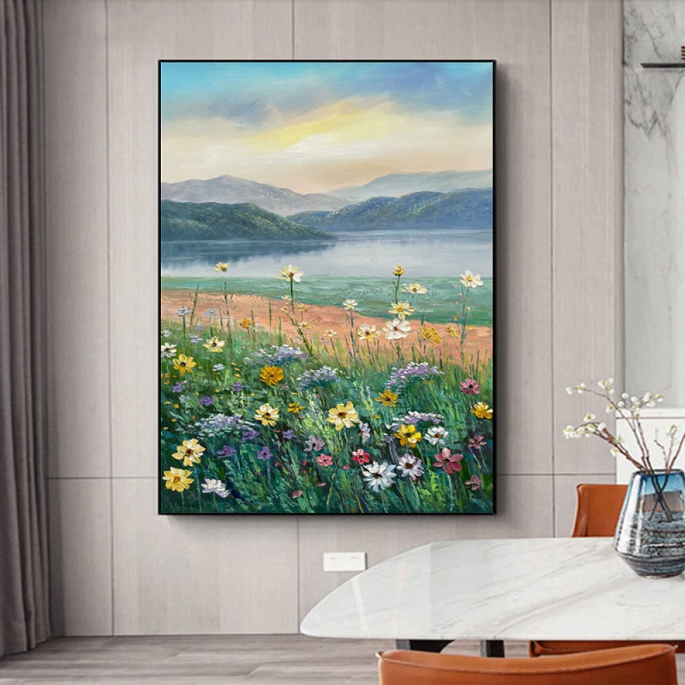 Peinture à l'huile pour salon moderne | Tableau fleurs d'eau grand format