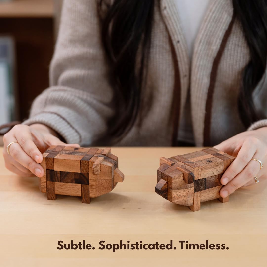 Wooden Kumiki Brain Teaser Puzzle for Adults – Handmade 3D Interlocking Wooden Puzzle Game – Classic Japanese Logic Puzzle – Mind Challenge Gift for Adults, Wooden Desk Toy & Decor (Pig)