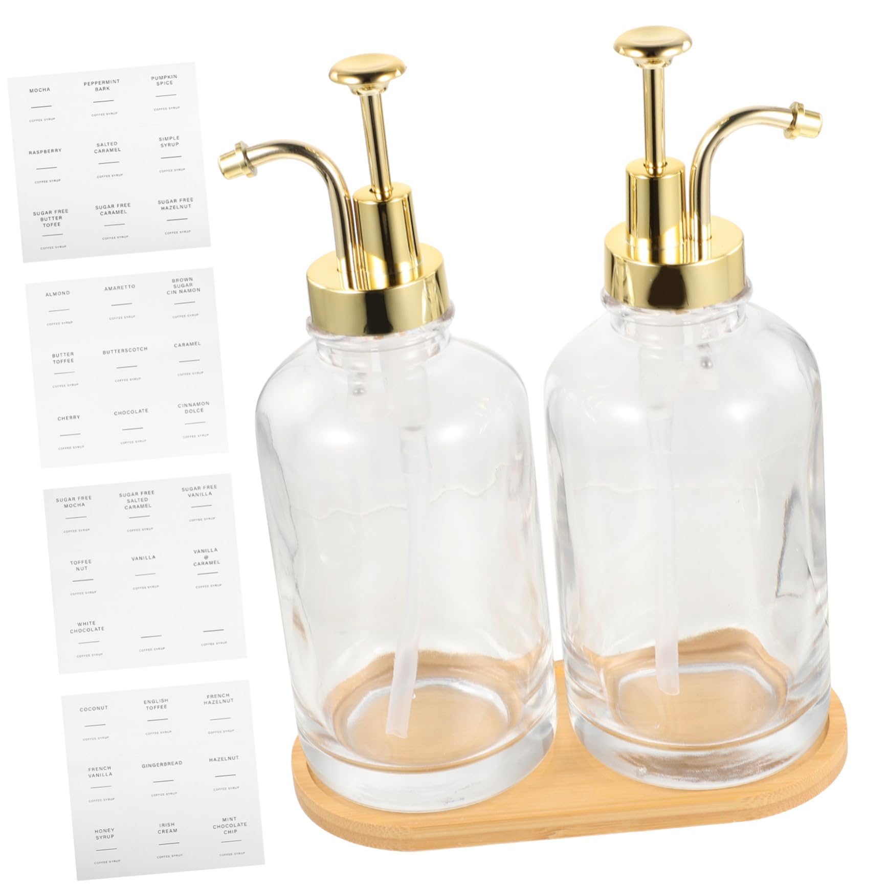 Distributeur Sirop Café Verre avec Pompe Doseur Cocktail Compact et Décoratif Bouteille Sirop Pratique pour Cuisine et Bar Set avec Étiquettes et Plateau