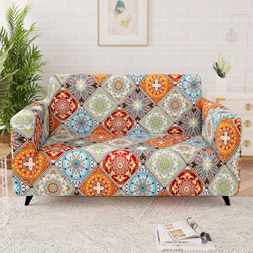 Image of Story@Home Sofa Cover 3 Seater Fully Covered | Stretchable Polyester Spandex Elastic Sofa Cover 3 Seater | Orange Motif Design 3 Seater Sofa Cover for Living Room & Create Your Own Customized Set
