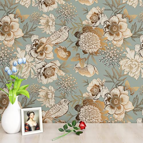 Image of ReWallpaper 44.5 cm x 7 m Photo Wallpaper Flowers Vintage Self-Adhesive Wallpaper Green Gold with Birds and Flowers Adhesive Wallpaper