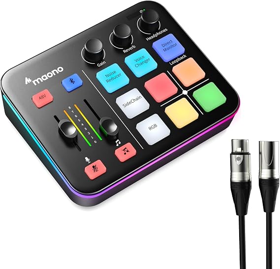MAONO G1 NEO Gaming Audio Mixer, Audio Interface With Pro-preamp, RGB, Bluetooth, 48V Phantom Power For Live Streaming, Podcasting, Content Create, Gaming With 6FT XLR Microphone Cable