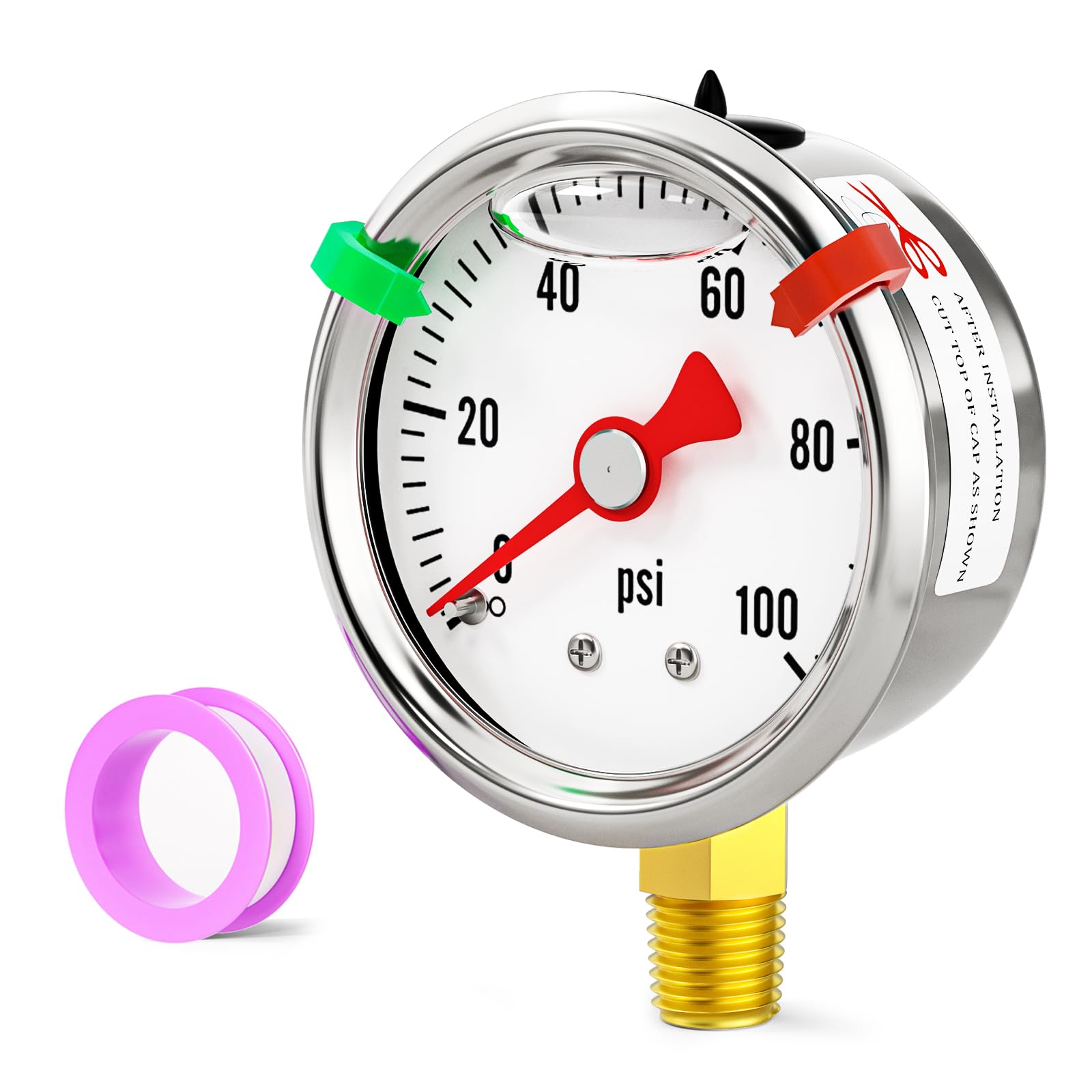 0-100psi Glicerina in acciaio inox liquido riempito manometro 1/8 NPT 1,5 "Dial, montaggio inferiore progettato per test di pressione di acqua, olio e aria (con indicatore di gamma)