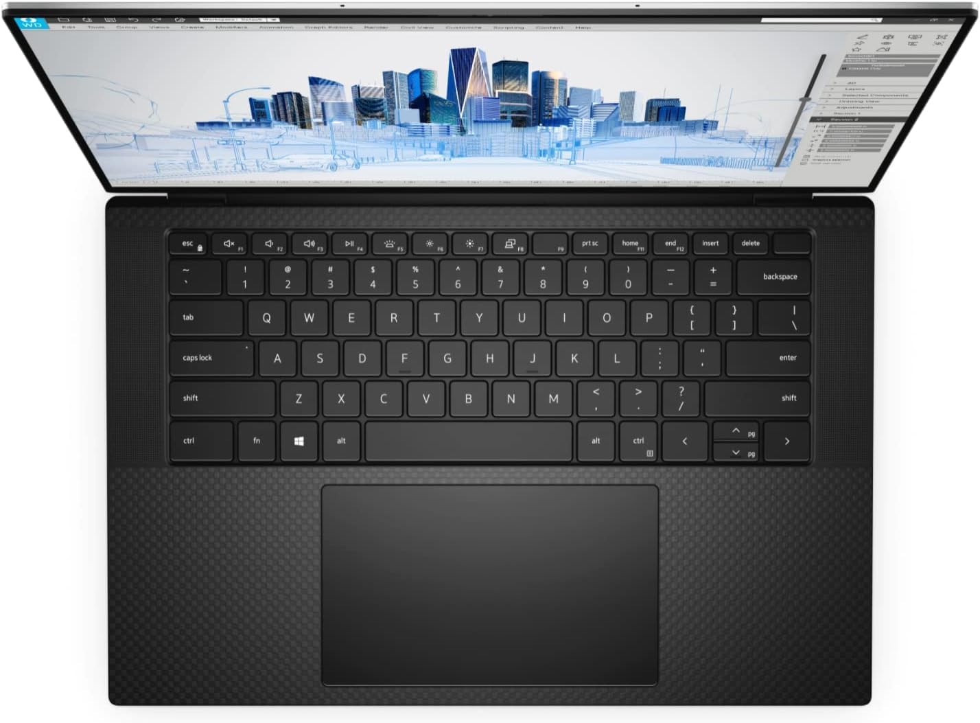 Top-down view of the Dell Precision 5560 keyboard and trackpad