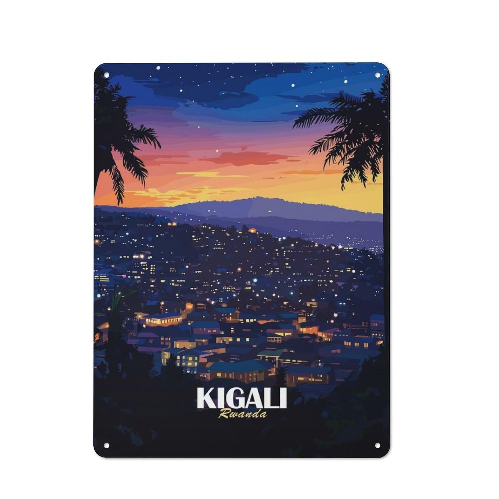 Junmoney Style-8 Metal Wall Sign 40X30cm Featuring Kigali, Rwanda Cityscape At Night For Café Or Home Bar, For Collectors Decorating Cafés And Home Bars
